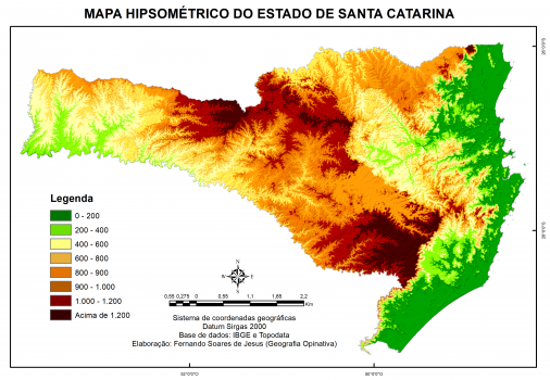 Mapa hipsométrico do estado de Santa Catarina
