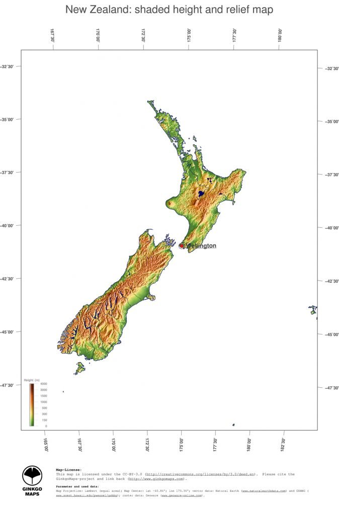 Mapa físico da Nova Zelândia