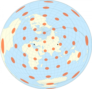 Projeção Equidistante Two Points. Qualquer linha traçada de Roma (Itália) ou Luoyang (China) para qualquer outro local do mapa tratá a distância real proporcionalmente à escala. By Justin Kunimune - Own work, CC BY-SA 4.0.