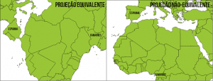 Comparação das áreas em uma projeção equivalente e em uma projeção não-equivalente. Note que Espanha e Camarões têm quase o mesmo tamanho na projeção equivalente, assim como na realidade, embora tenham suas formas deformadas, enquanto que a Espanha se apresenta em área bem maior na projeção não-equivalente.