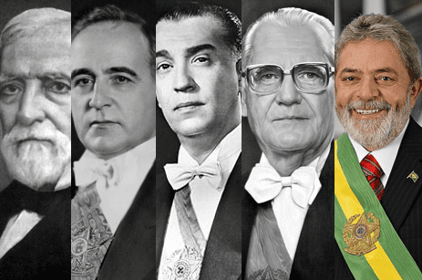 Personagens importantes para a industrialização brasileira. Da esquerda para direita: Barão de Mauá, Getúlio Vargas, Juscelino Kubitschek, Ernesto Geisel e Luis Inácio Lula da Silva